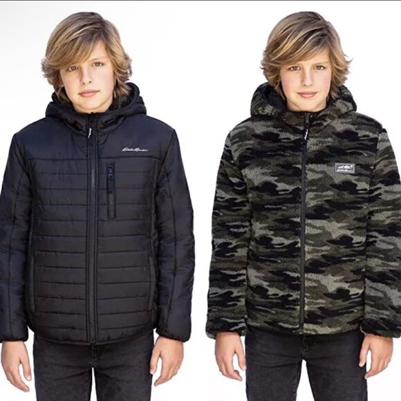Eddie Bauer Kids Jacket Reversible Hooded Fleece Water-Resistant Boys Sz L Black